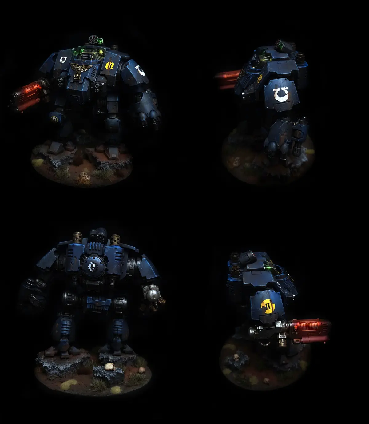 The image displays four views of a heavily armored, dark blue and black robotic war machine, likely a Warhammer 40,000 Land…
