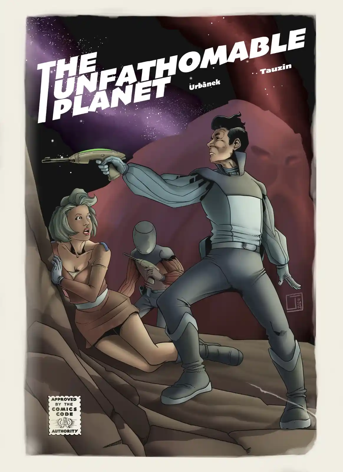 A sci-fi comic book cover depicts a man in a grey spacesuit pointing a futuristic gun at a terrified woman cowering against…