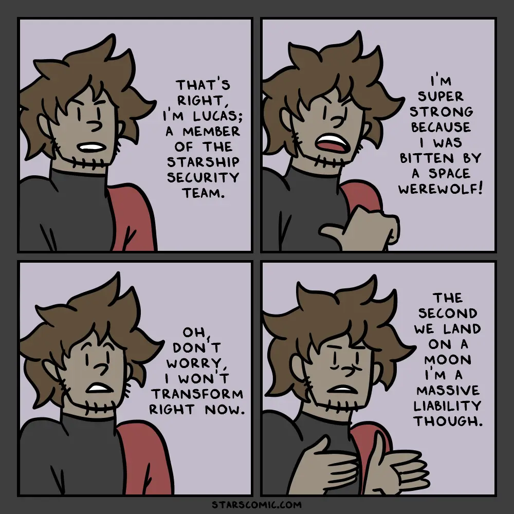 A four-panel comic strip shows a stitched-up character named Lucas, a starship security team member who claims to be super…