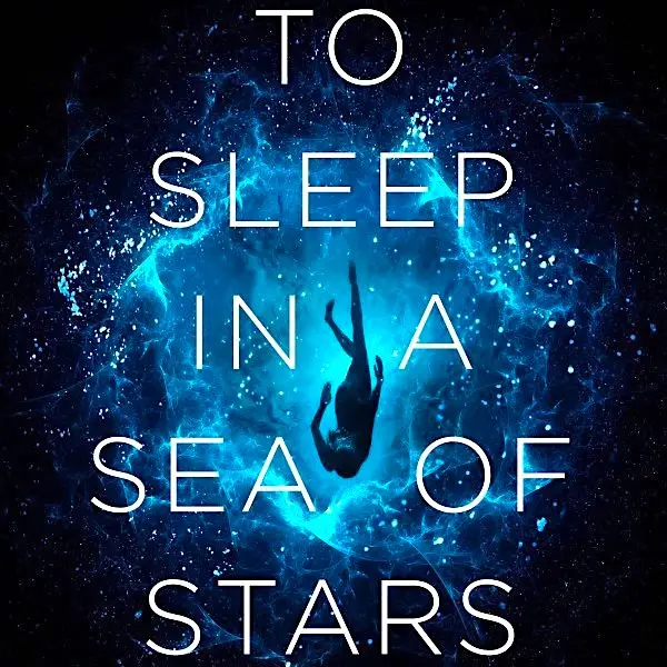 A silhouette of a person floating upside down in a cosmic, star-filled blue nebula, with large white text overlaid that…