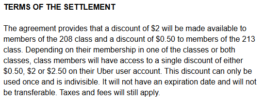 A screenshot of a legal-style document titled 'TERMS OF THE SETTLEMENT' detailing a discount offer for Uber users. The text…