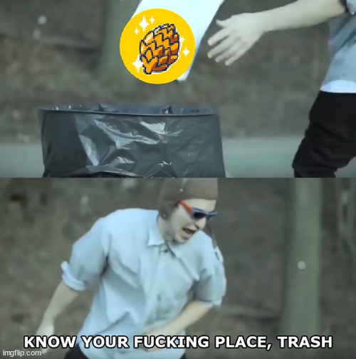 Top panel shows a person throwing a glowing pixelated pizza icon into a black trash can. Bottom panel shows the same person…