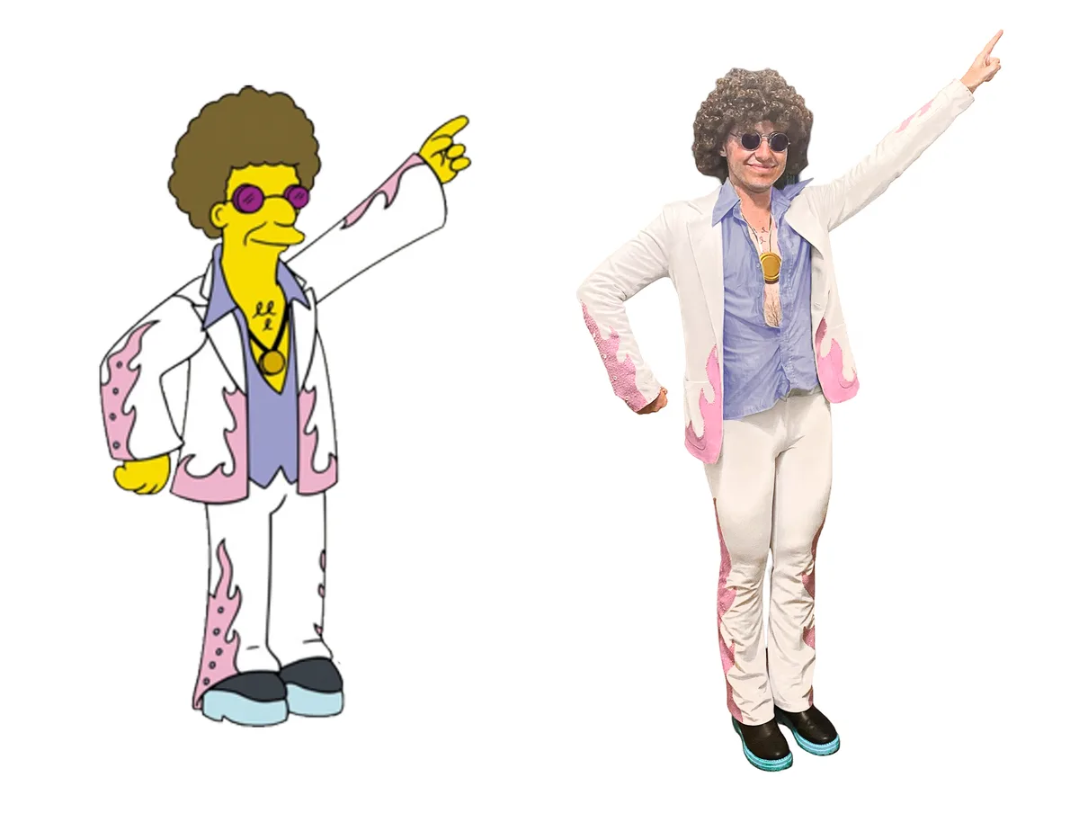 The image displays two figures side-by-side against a white background, both dressed identically in flamboyant 1970s-style…