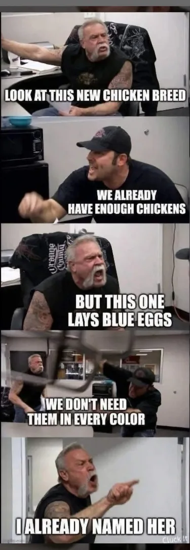 A five-panel meme featuring two men in an office setting. The first man, with gray hair and tattoos, excitedly shows off a…