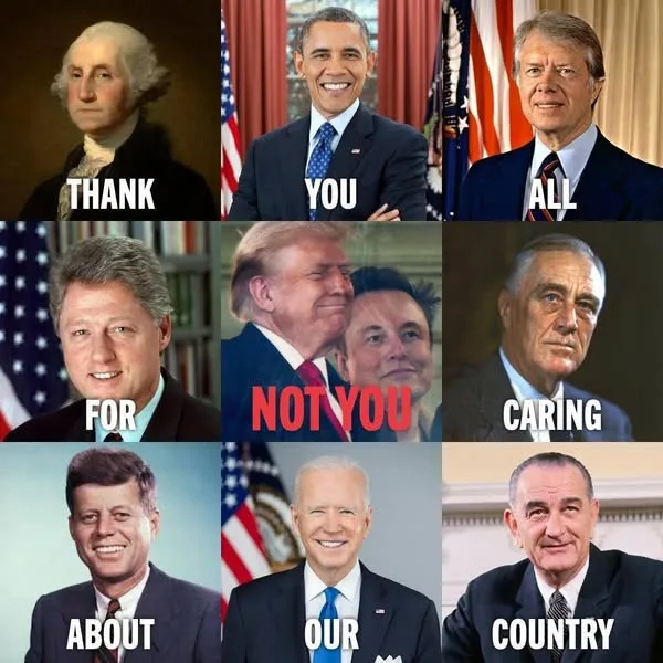 A nine-panel grid featuring portraits of U.S. presidents: George Washington, Barack Obama, Jimmy Carter, Bill Clinton…