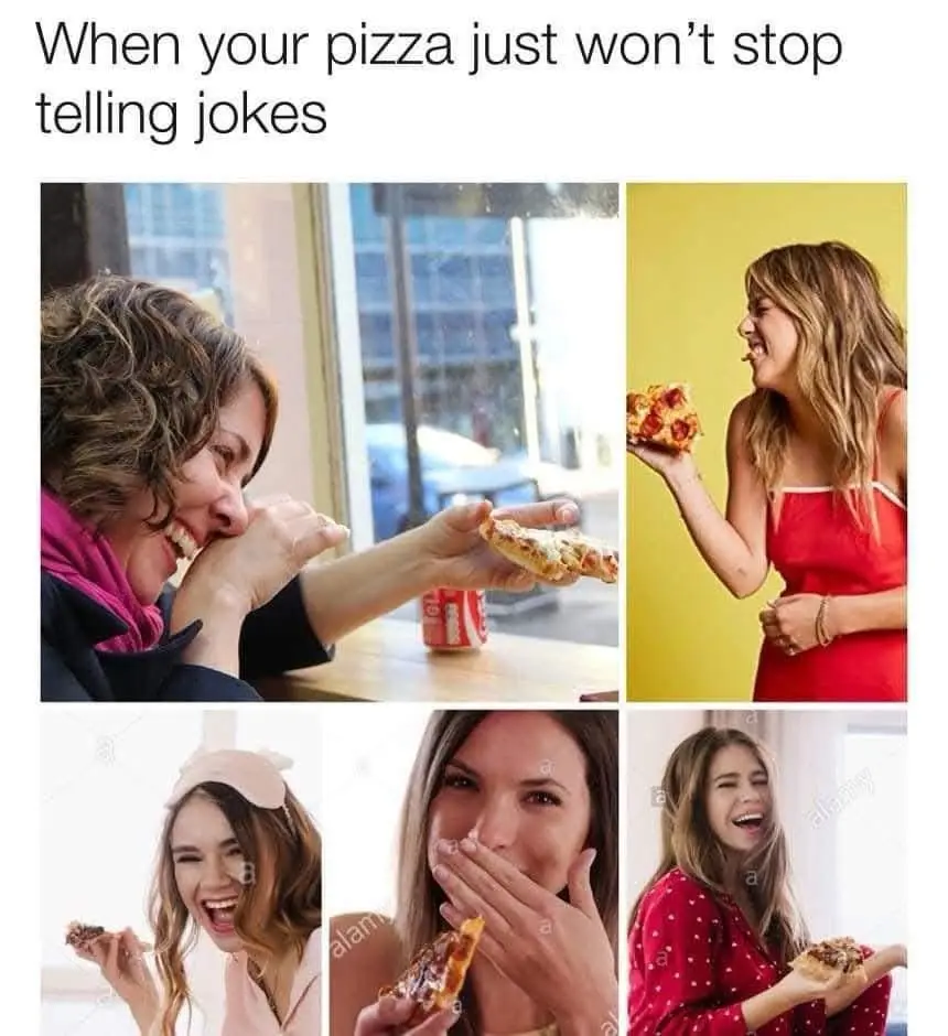 A collage of four images showing different women laughing hysterically while eating pizza. The top-left woman laughs while…