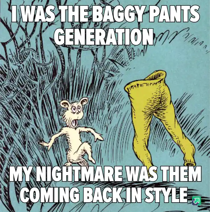 A cartoon image shows a small, terrified creature running away from a giant, yellow, baggy pair of pants standing in a…