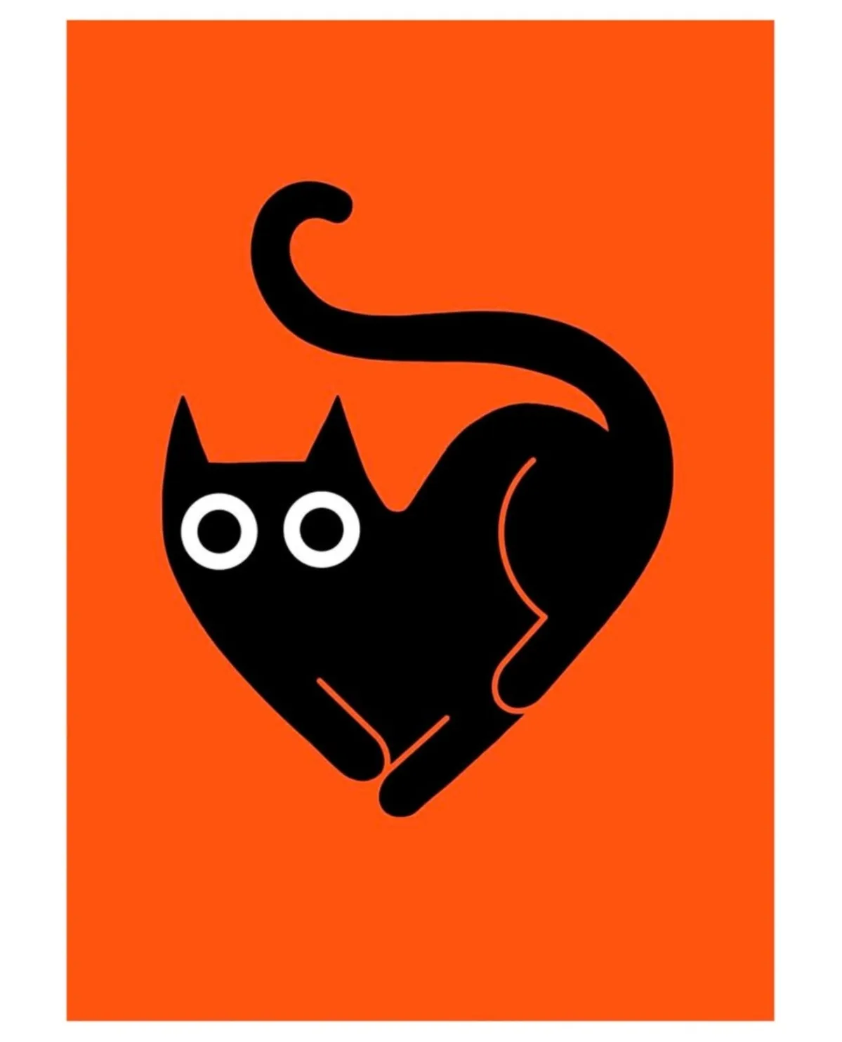 A minimalist black silhouette of a cat with large white eyes and a curved tail is set against a solid orange background. The…