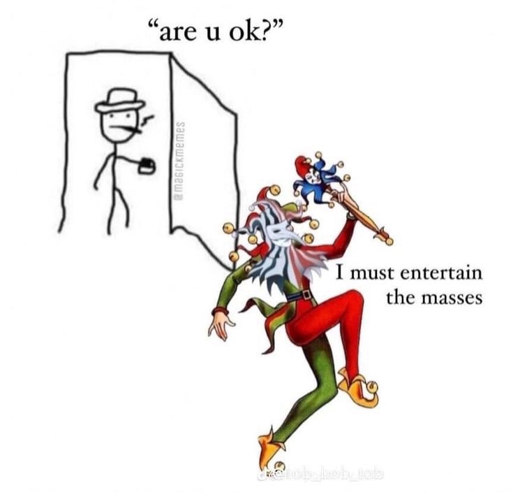 A stick figure in a hat and holding a phone asks 'are u ok?' while a colorful jester in red and green pants, holding a…