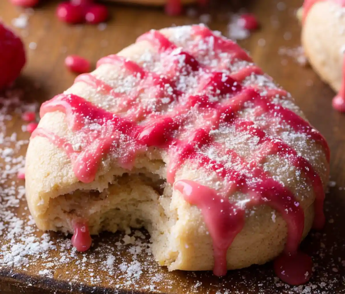 A close-up photo of a light-colored, round cookie with a bite taken out of it, drizzled with pink icing and dusted with…