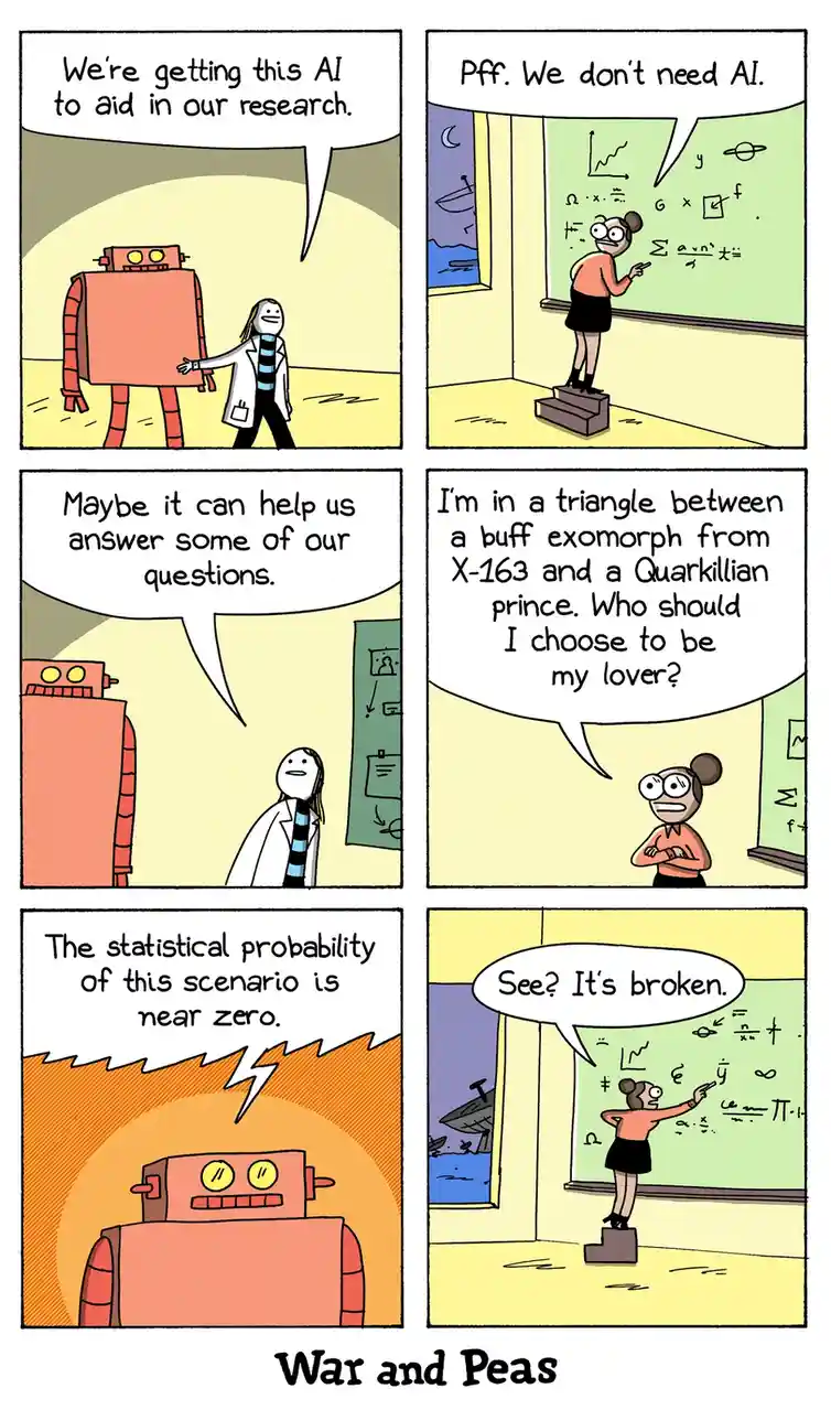 A six-panel comic strip shows a scientist introducing an AI robot to help with research. The scientist dismisses the AI…