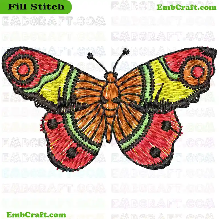 A colorful butterfly embroidery design with red, yellow, green, and black thread patterns, featuring eye spots and outlined…