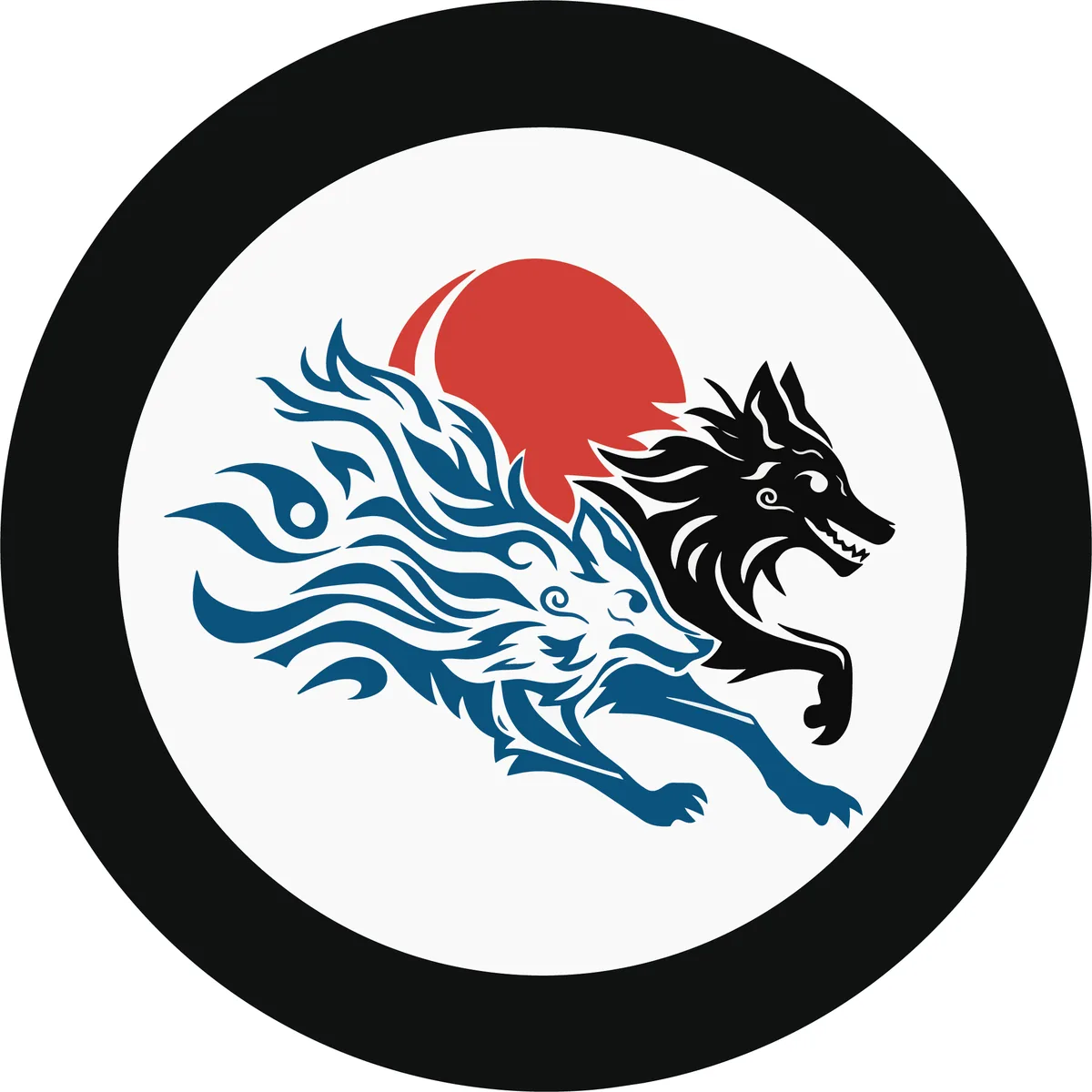 A circular emblem with a black border, featuring a stylized black wolf running leftward with blue flame-like patterns along…