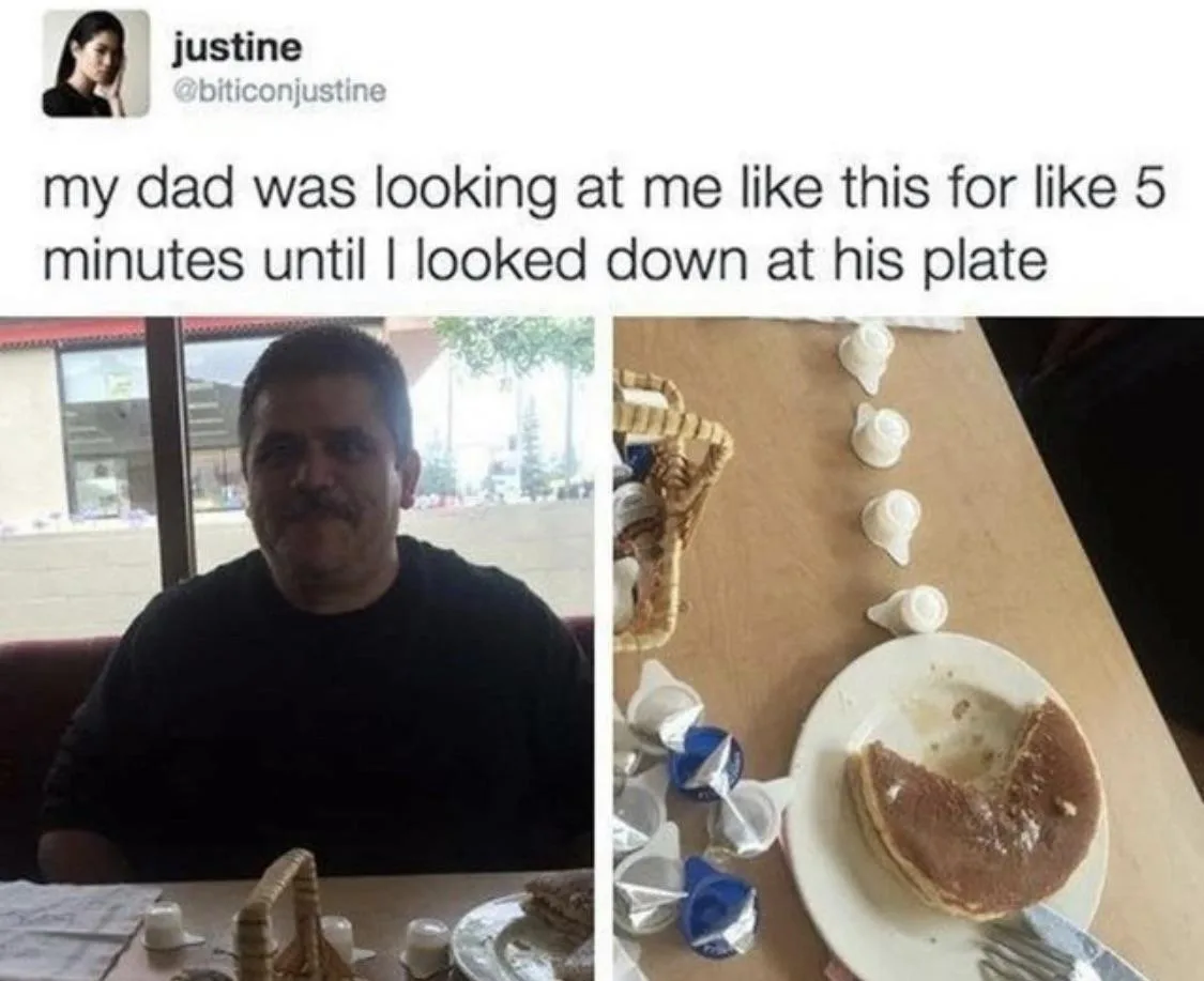 The image is split into two panels. The left panel shows a man with a mustache sitting at a restaurant table, staring…