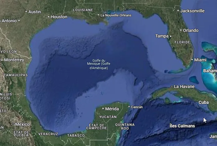 A satellite map image of the Gulf of Mexico, showing surrounding U.S. states like Louisiana, Florida, and Texas, as well as…