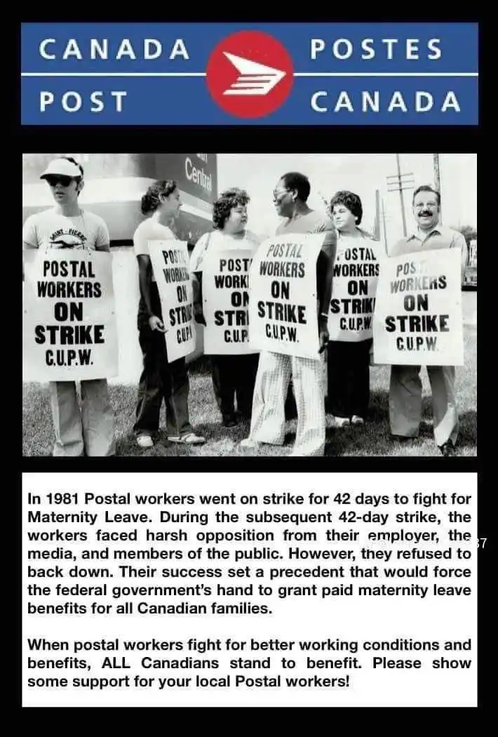 A black-and-white photo shows six postal workers holding signs that read 'POSTAL WORKERS ON STRIKE C.U.P.W.' beneath a…