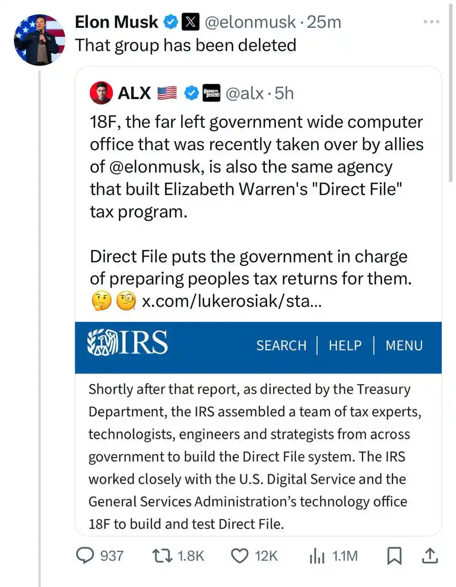 A screenshot of a Twitter thread shows Elon Musk replying to a tweet from ALX that claims 18F, a government tech office, was…