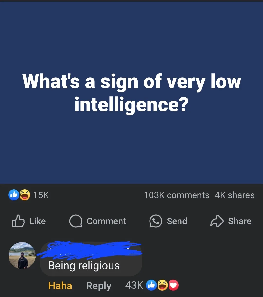 A screenshot of a Facebook post with the question 'What's a sign of very low intelligence?' overlaid in white text on a dark…