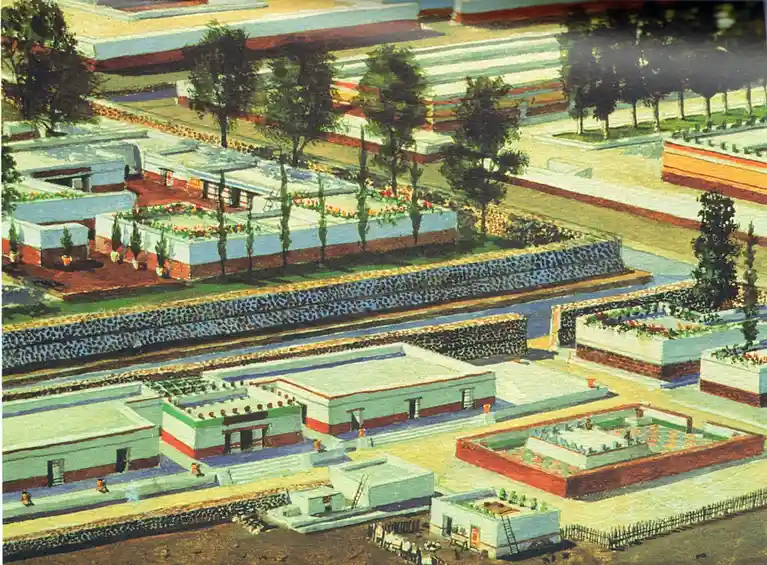 this is a colorful, stylized illustration of an ancient city, likely teotihuacan, showing a grid of white and red buildings…