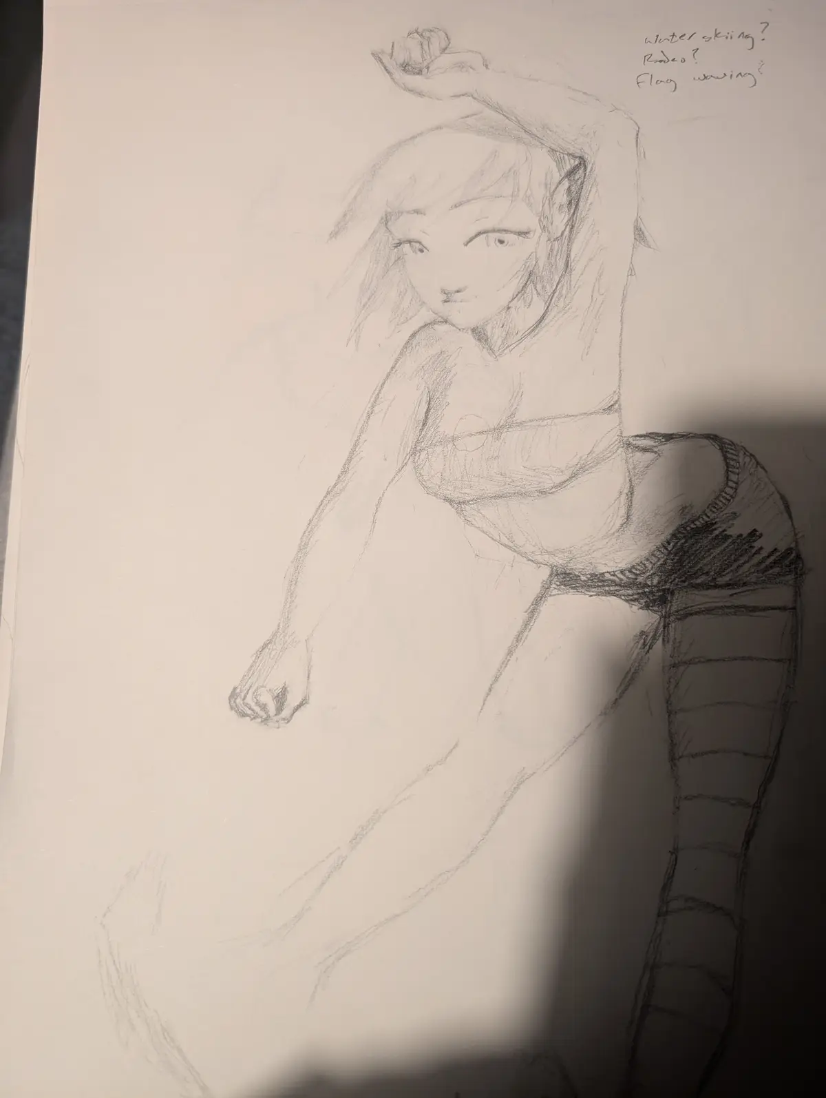 A pencil sketch of an anime-style female character with short hair, one arm raised with a clenched fist, and the other arm…