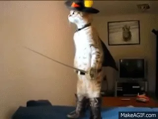 A cat dressed as a knight in a hat, cape, and boots stands rigidly holding a sword, while another cat in a guitar costume…