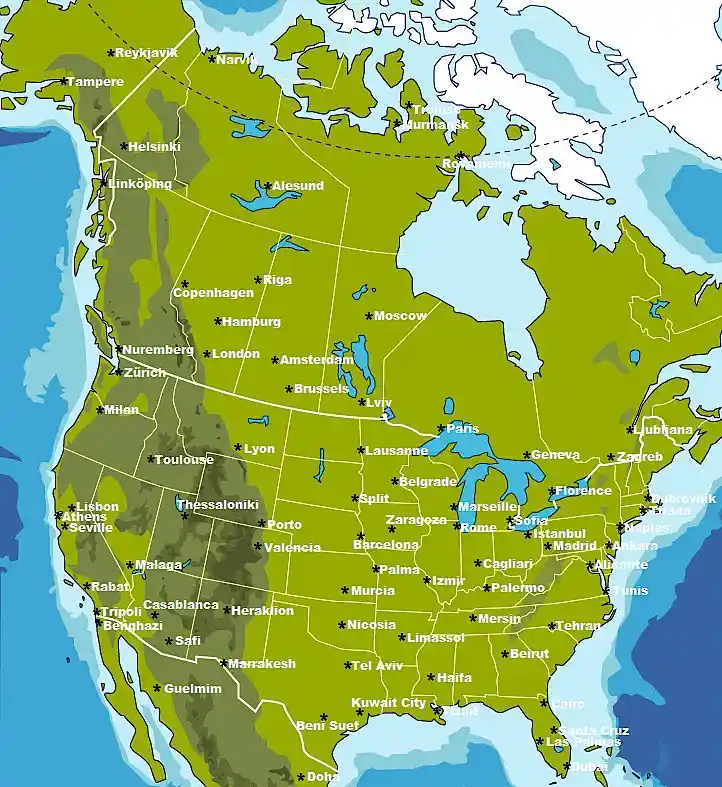 a map of the united states is overlaid with the names of european and middle eastern cities such as paris, rome, london, and…