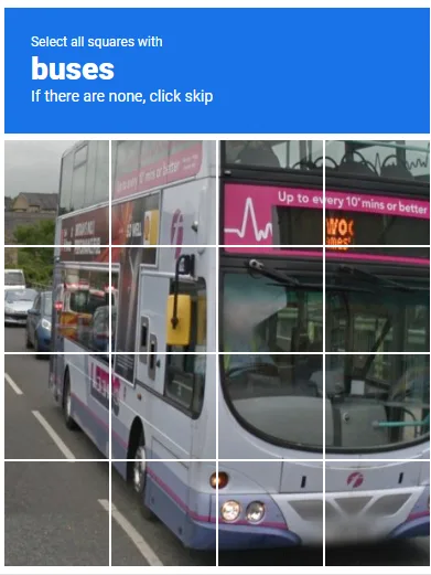 An image of a white double-decker bus divided into a 3x3 grid, with a blue header instructing to 'Select all squares with…