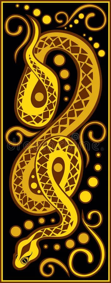 A stylized golden snake with intricate geometric patterns coils vertically against a black background, adorned with…