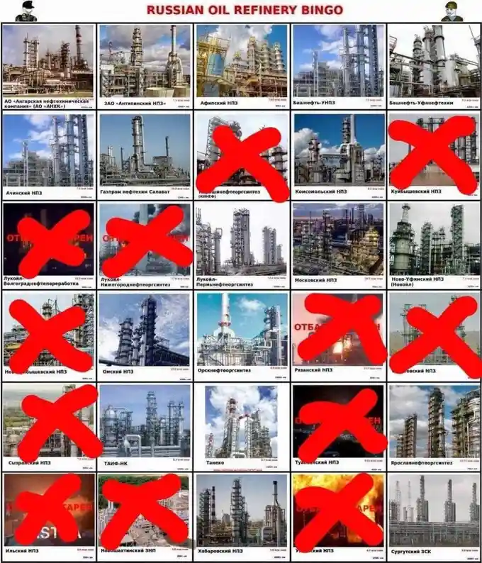 A bingo card titled 'RUSSIAN OIL REFINERY BINGO' displays 25 photos of Russian oil refineries, each labeled with its name in…