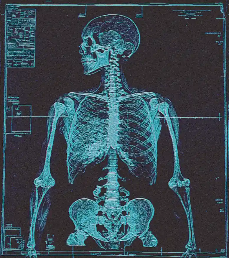 A cyan-blue technical blueprint-style image of a human skeleton viewed from the side, overlaid with the text 'i'm not lazy…