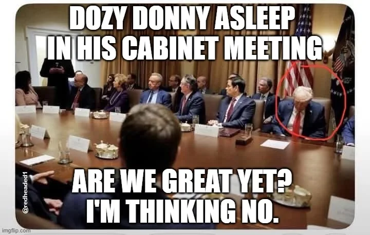 A photo shows Donald Trump asleep at a cabinet meeting table, circled in red, while other officials sit alert. The overlaid…