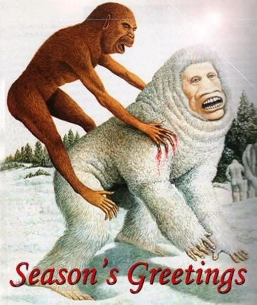 A vintage-style illustration depicts a brown, ape-like creature attacking a large, white-furred, woolly creature in a snowy…
