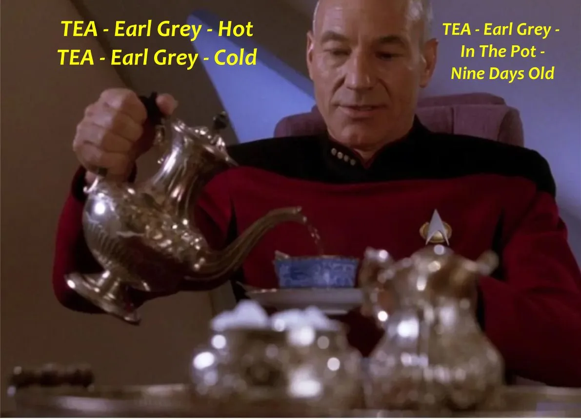 A man in a red Starfleet uniform pours tea from a silver teapot into a cup, with overlaid yellow text listing tea…