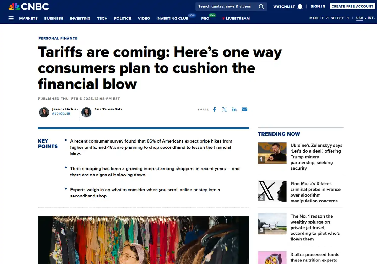 A screenshot of a CNBC article titled 'Tariffs are coming: Here's one way consumers plan to cushion the financial blow'…