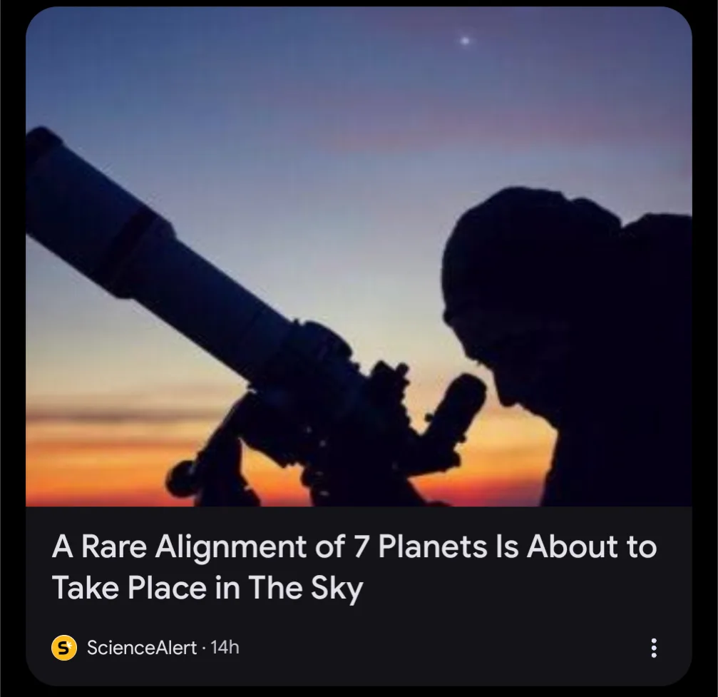 A silhouette of a person looking through a telescope against a sunset sky, overlaid with text from ScienceAlert announcing a…