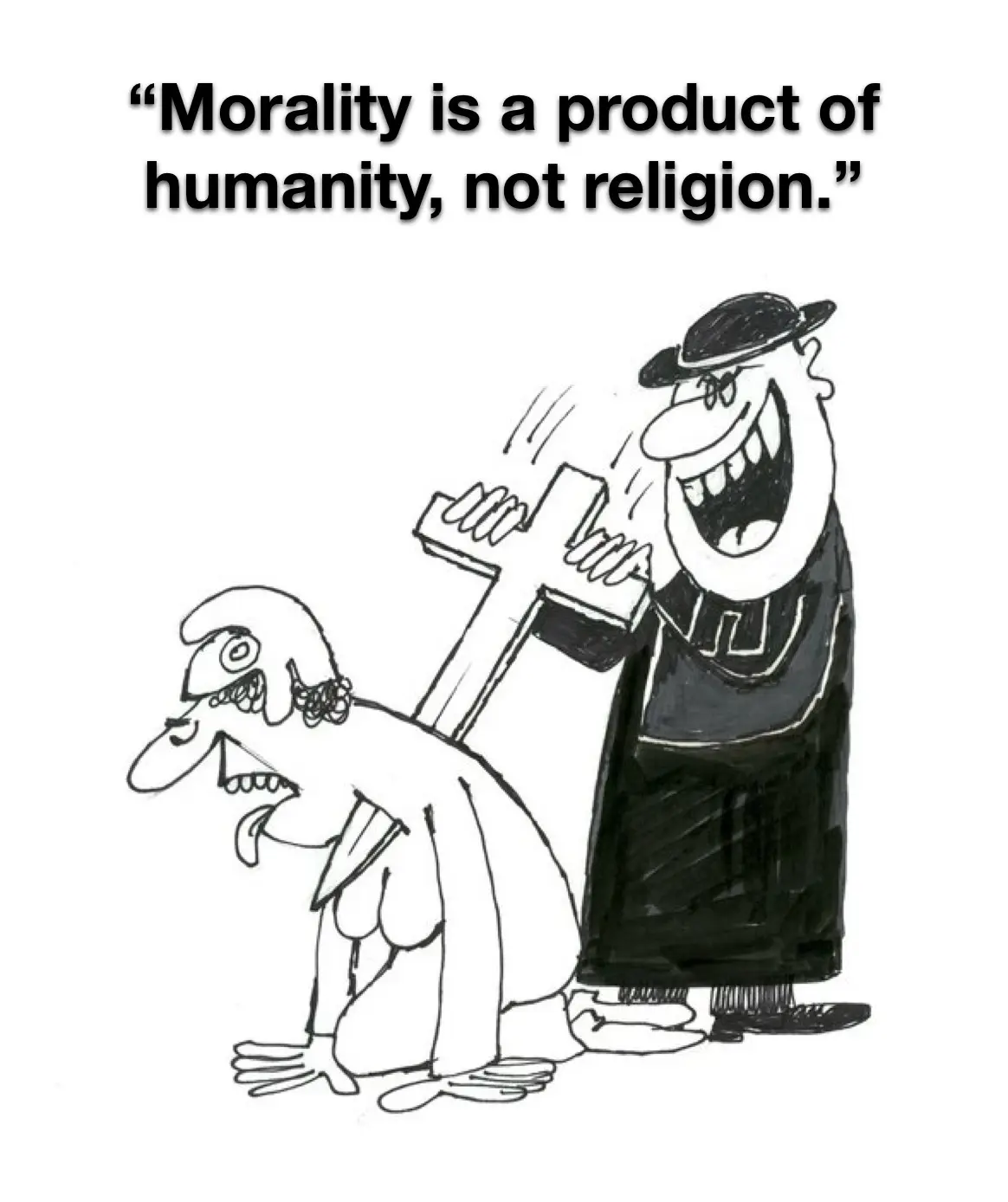 A black-and-white cartoon depicts a man in a robe and hat, grinning maniacally while holding a large cross, standing over a…