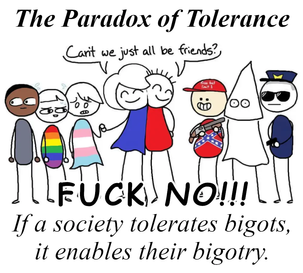 A cartoon drawing shows a group of diverse stick figures, including some with rainbow and pink stripes, standing next to two…