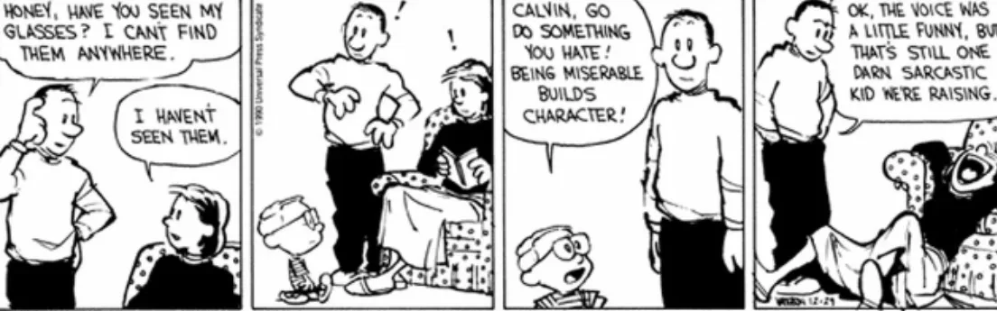 A four-panel Calvin and Hobbes comic strip shows a man asking his wife if she's seen his glasses, she says no, then tells…
