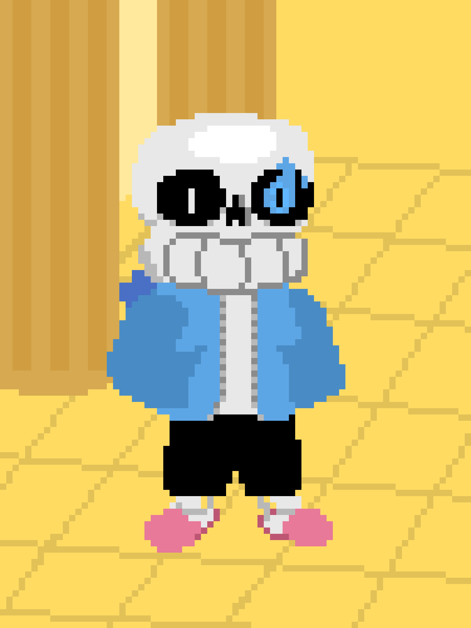 A pixel art image of the character Sans from Undertale, standing in a yellow room with a wooden door, one eye is blue and…