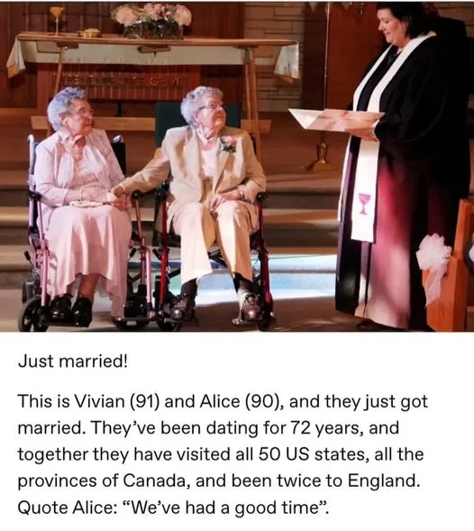Two elderly women, Vivian (91) and Alice (90), are seated in wheelchairs at what appears to be a church wedding ceremony…