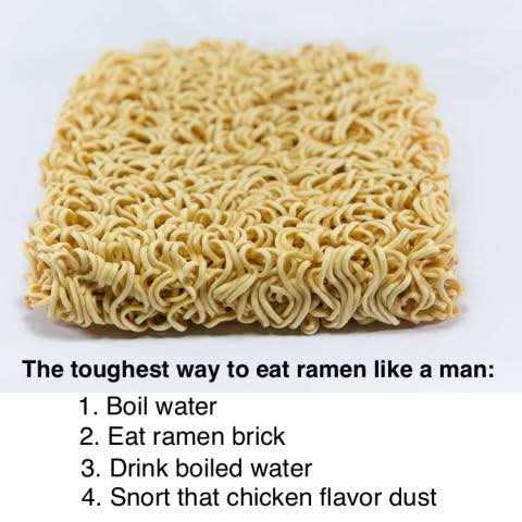 A close-up image of a block of uncooked instant ramen noodles against a white background. Overlaid text lists a four-step…