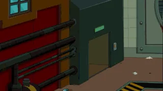 Six panels from Futurama show two women walking through a factory. They spot a small white dog in the distance, then turn to…