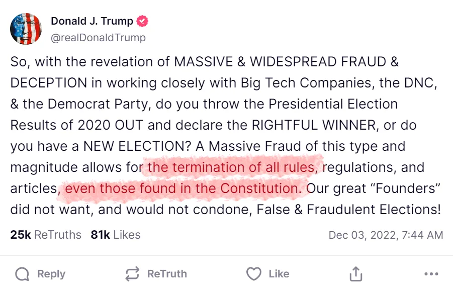 A screenshot of a tweet from Donald J. Trump's verified Twitter account, dated December 3, 2022, showing a long text post…