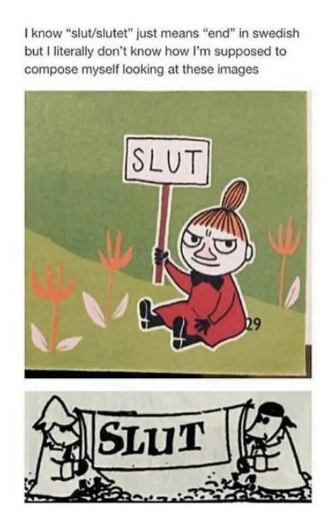 The image displays two panels from the Moomin comic strip. The top panel shows a Moomin character holding a sign that reads…