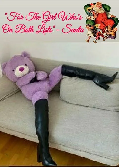 A purple teddy bear wearing black thigh-high boots lounges on a beige couch, one leg kicked up. In the top right corner, a…