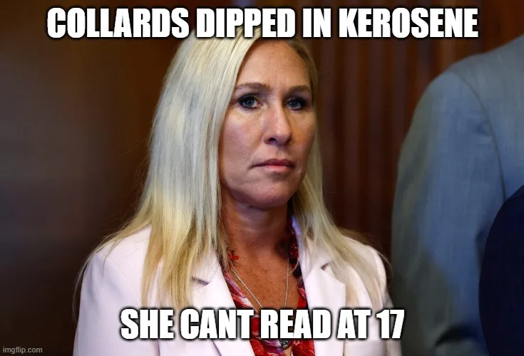 A woman with long blonde hair wearing a light pink blazer and a patterned shirt looks with a skeptical, unimpressed…