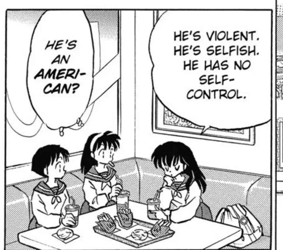 Three girls in sailor uniforms sit at a diner table with food and drinks. One girl asks, "HE'S AN AMERICAN?" while another…