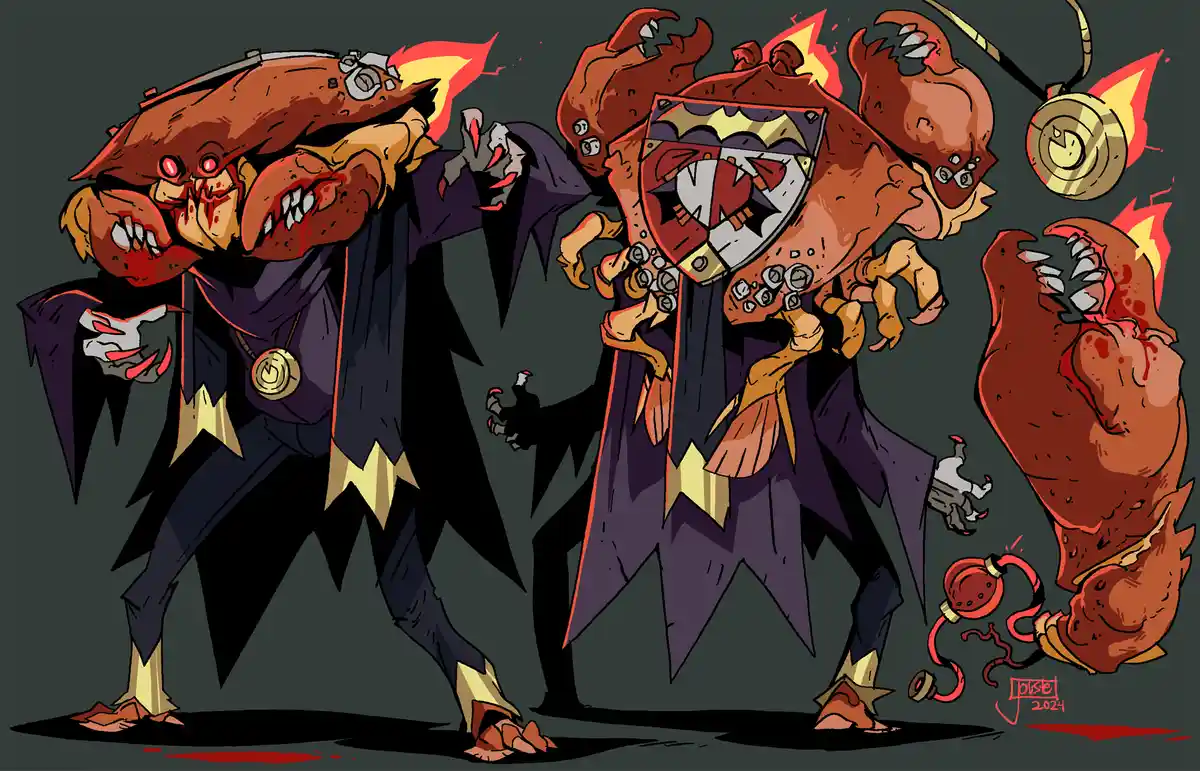 The image shows a cartoonish, anthropomorphic crab character in a dark, spiky robe with a gold emblem, holding a shield and…