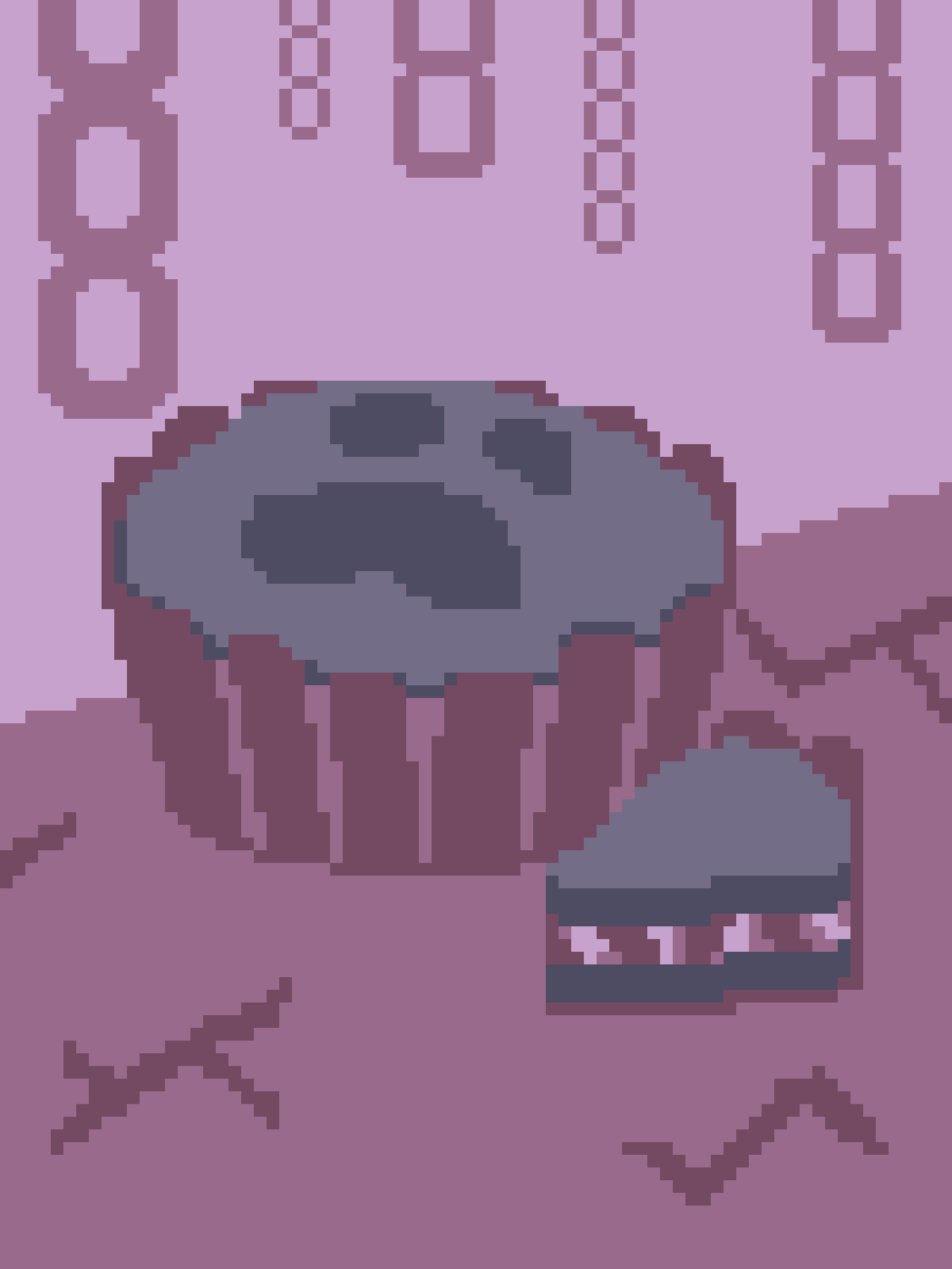 A pixelated, low-resolution image shows a purple, crab-like creature with a large, round head and multiple limbs. The…