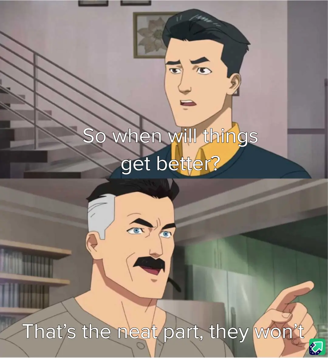 The top panel shows a young man with dark hair and a yellow shirt looking concerned, asking 'So when will things get…